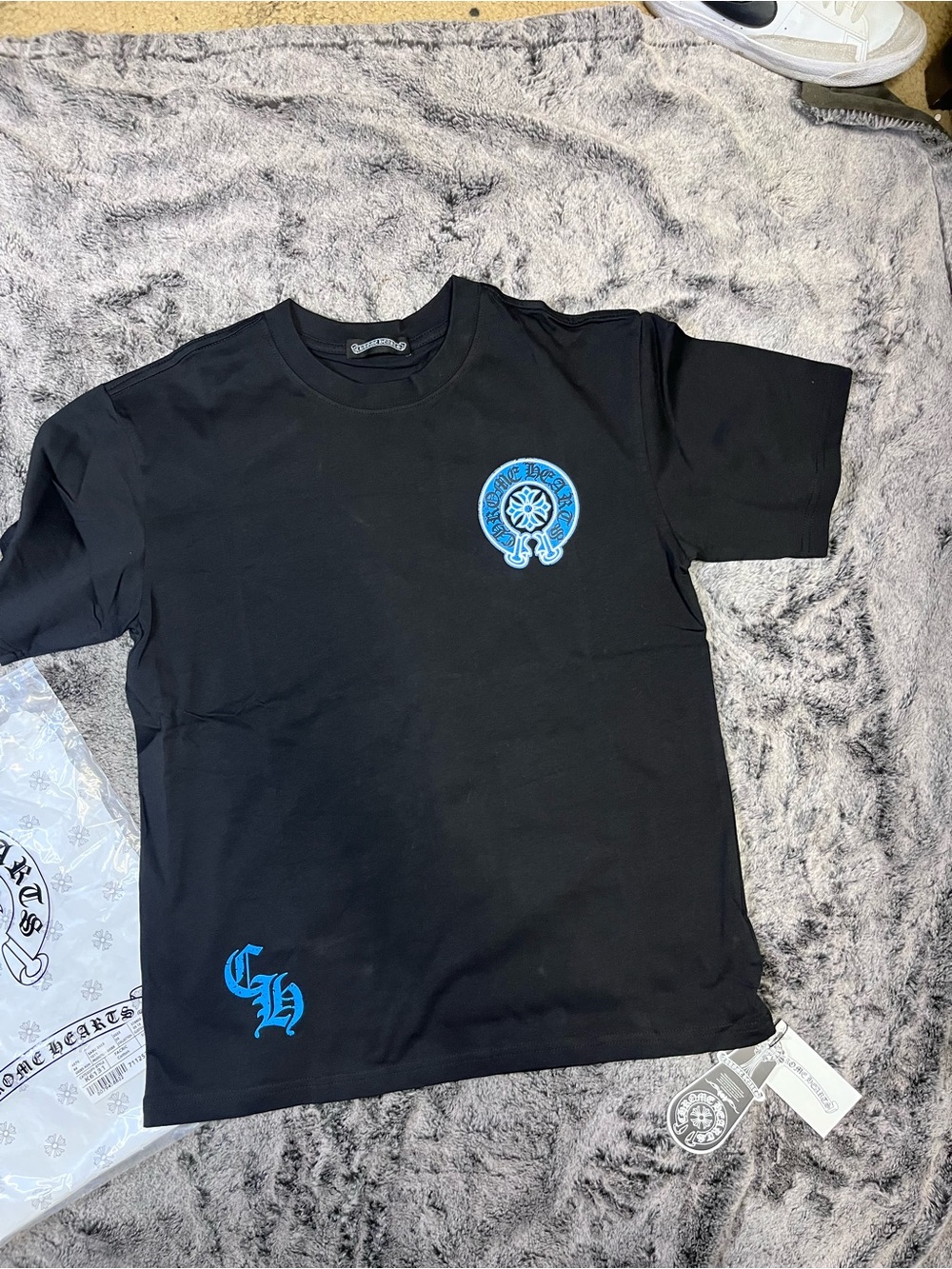 Chrome Hearts Mens Black Tee with Blue Logo